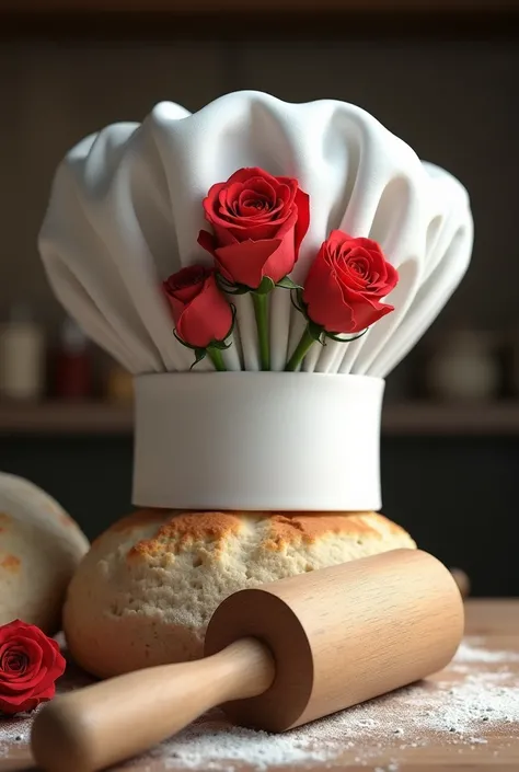 chef's hat with 3 rose buds and a mallet for kneading bread