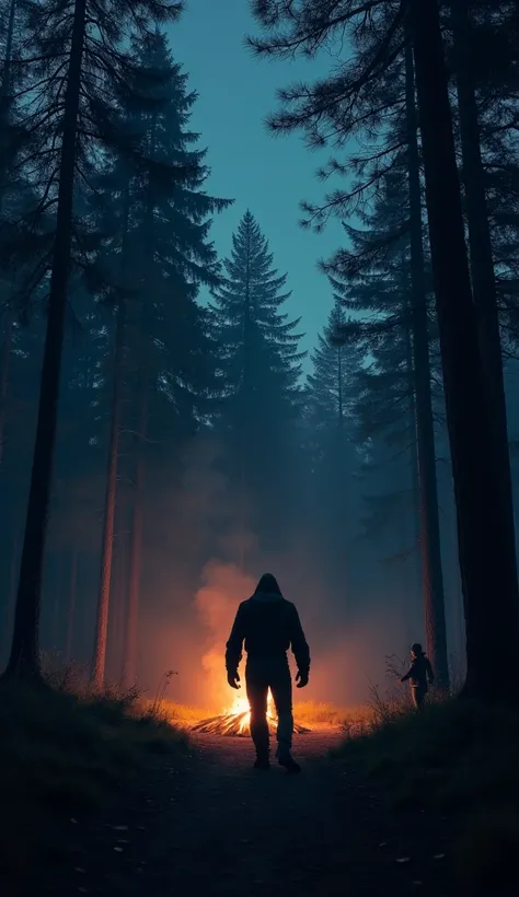  A night scene of a vast and isolated forest ,  with a small bonfire in the background ,  where human silhouettes seen seem to tell stories. Ao longe,  Among the trees , The figure of Bigfoot observes ,  illuminated only by the distant glow of the flames .