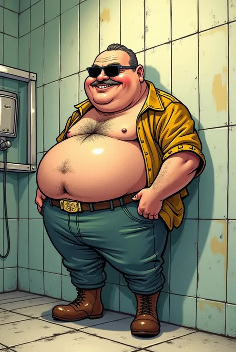 hello,  I would like a comic-style image of a character turning around while using a urinal.  I leave you the description :
build:  He is an obese and careless man ,  with a prominent belly .
height: median,  but his hunched posture makes him appear shorte...