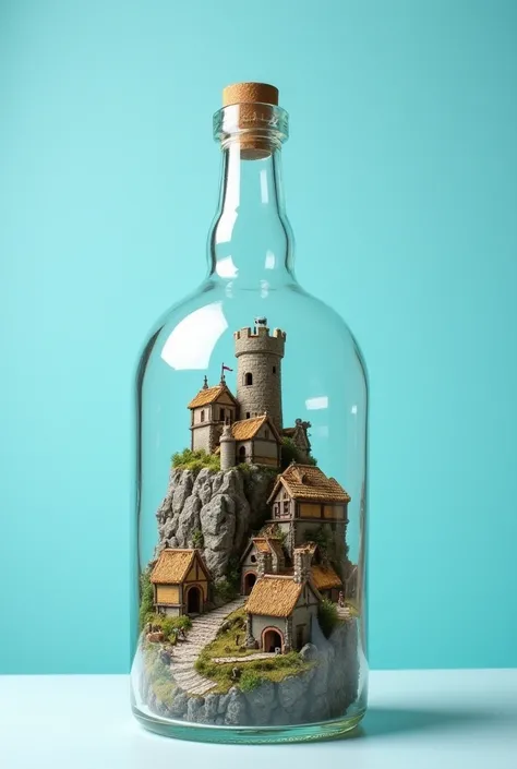 Solid color light blue background .Inside a large glass bottle .inside the glass bottle is a medieval village with houses and a castle on the rock