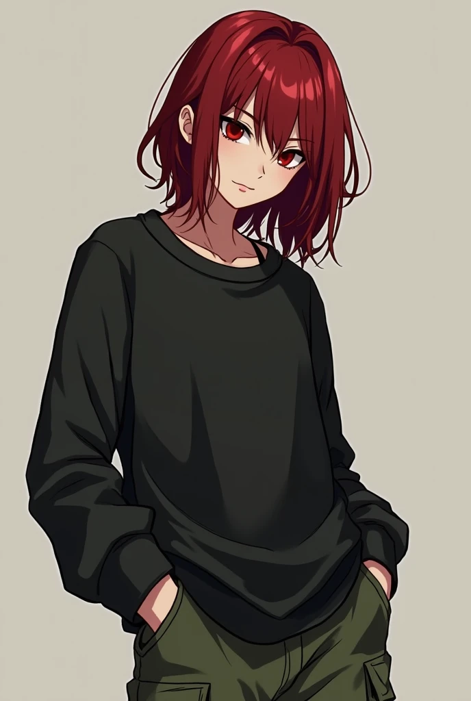 Cherry has dark red hair and a bit mismatched, She wears a black sweatshirt and green cargo pants .  on her arms is full of burns and cuts, He has eyes as red as his hair and is male and he is quiet and kind 