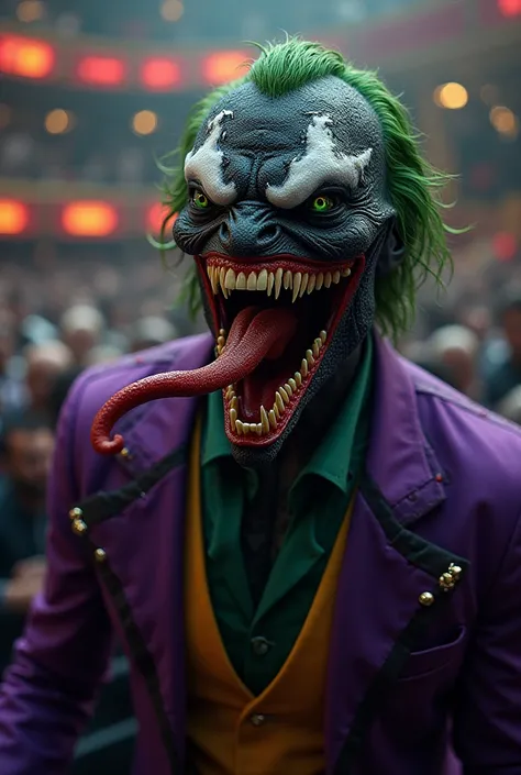  
"Imagine a fusion between Venom and the Joker .  The resulting character has the viscous black skin of Venom ,  with the maniacal smile and bright green eyes of the Joker . He wears a torn purple suit ,  with black details ,  and his long, serpentine ton...