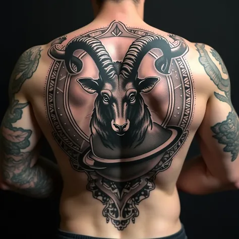 brutal male tattoo of the zodiac sign Capricorn, near the planet Saturn, in Scandinavian style, on the back