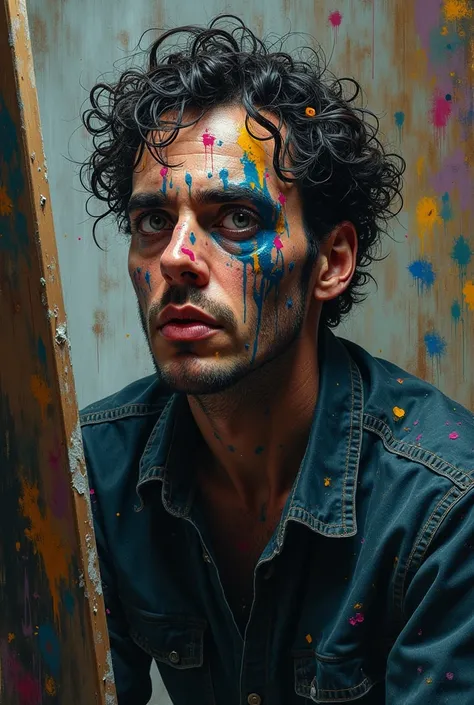  A painter obsessed with capturing souls on his canvases ,  with a face partially covered in paint to take on seems like life ,  and exorbitant eyes full of despair .