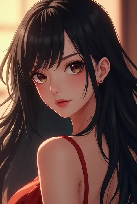 “Ultra-realistic 4K portrait of a 20-year-old anime-style woman with long, flowing black hair and striking East Asian-inspired facial features. Her skin is flawless, with a subtle glow, and her almond-shaped eyes are intense and alluring, framed by long la...