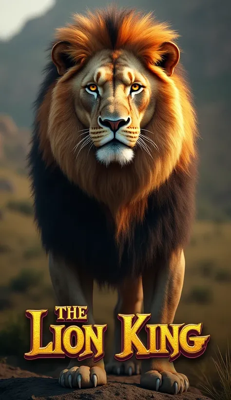 A real lion and below the picture is the name The Loin King in a very beautiful font 