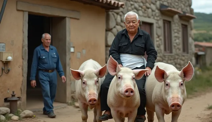  foreground, riding , real life, ((( Scary Face))),  Detailed face, (Two bald and shaved old villagers, A 100-year-old village woman in town black blouse and skirt with white apron) ((riding 3 huge white mountain pigs )), ((riding )),  old villagers wearin...