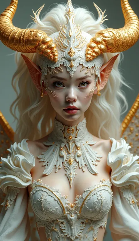 a woman dressed in hyper intricate sophisticated demon attire, in the style of light gray and light gold, vibrant illustrations, intricately sculpted, realistic hyper-extremely detailed portraits, white and amber, queencore, depicts real life --ar 3:5 --v ...