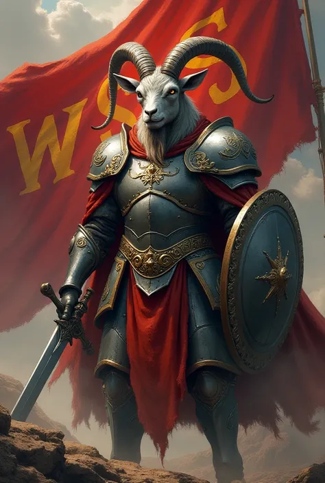 PFP armored goat , sword and shield,  initials WSS on a background flag