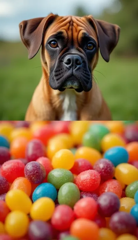 "A split-screen image featuring two layers. The top layer showcases a highly detailed, realistic Boxer dog sitting in a natural outdoor setting, looking directly at the camera. The bottom layer consists of a close-up, macro-photography shot of colorful, gl...