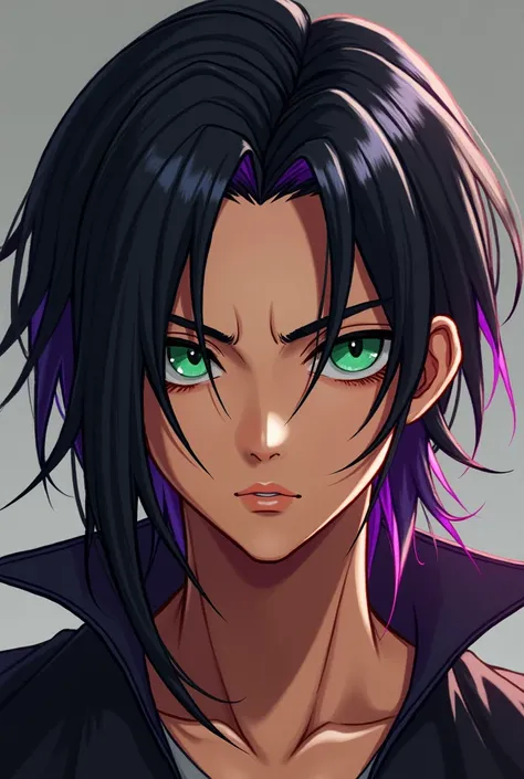 Brown-haired male character /tan for straight black hair with purple tips,  green eyes.