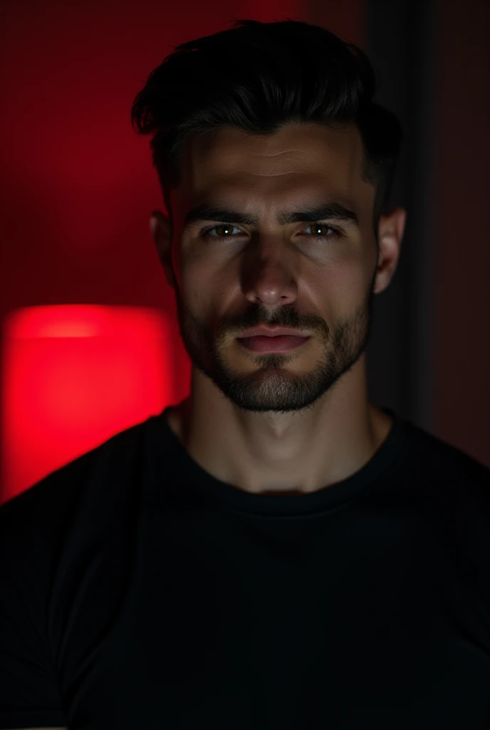  20 years old  man having mesophores body black hair, black t-shirt, in a dark room closeup face short and lite beard for LinkedIn profile red light behind it