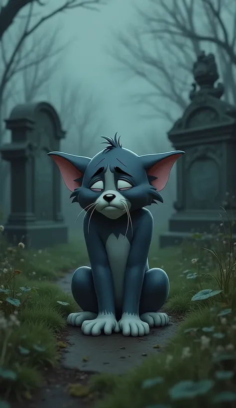 Create me an image of the cat Tom crying with tears on his cheeks in a cemetery 