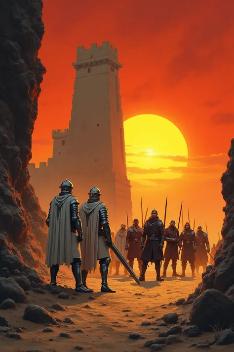 A dramatic scene unfolds at the base of the Tower of Joy, a lone, crumbling structure rising against a stark, rocky backdrop under a blazing orange and crimson sunset. In the foreground, the three remaining Kingsguard knights stand resolutely in their glea...