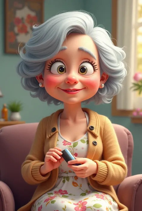 Cartoon image of an elderly lady with gray hair sitting applying a dye brush to cover her gray hair 