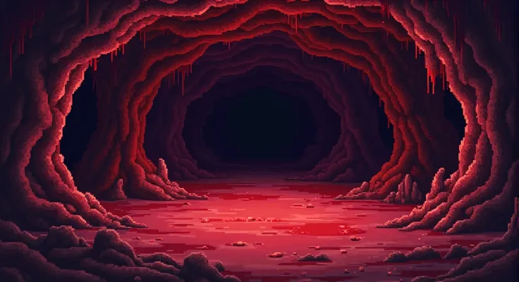  a cave made of blood,com tripofobia  in pixel art ,, with a flat floor,And without sunlight.(  in pixel art ) *pixel art* HD