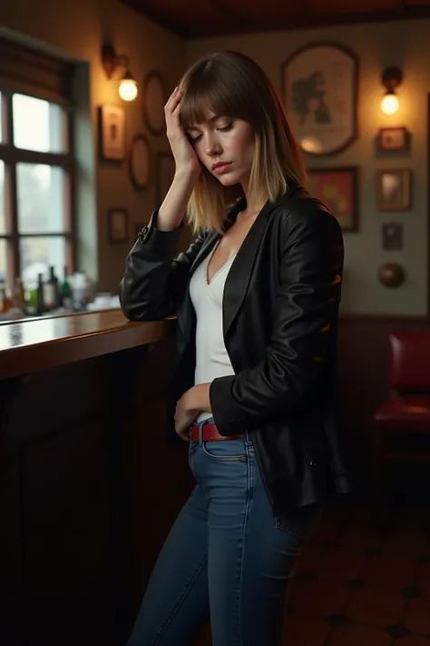  Ultrarealistic image . A 25-year-old German woman .  She has straight dark blond shoulder-length hair.  she has a slim face .  She is dressed in a black jacket and a white top .  She is dressed in tight blue jeans with a narrow red leather belt.  She is s...