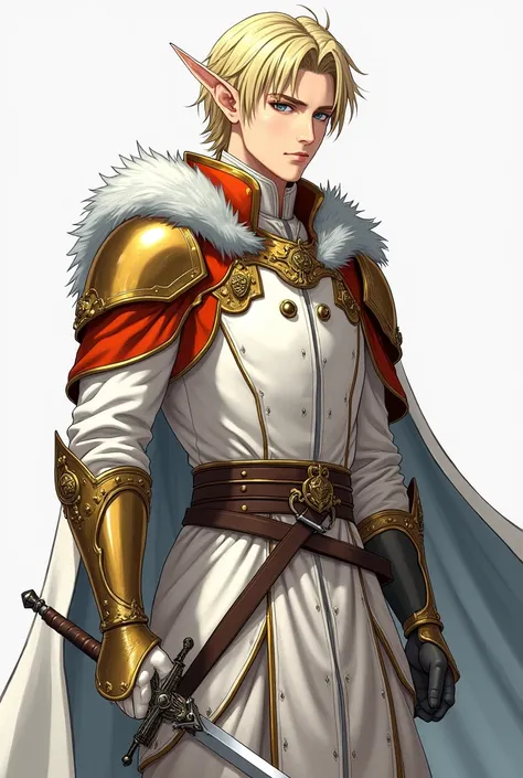  adult male elf ,  white skin ,  gray eyes,  pointy ears jacket,  light yellow hair , payment tiara,  gold and red metallic shoulder armor ,  white duelist vest with gold and orange edges, gold and metallic paladin gloves ,  white pants, brown strap ,  gol...