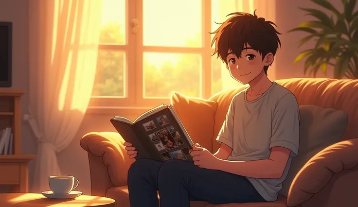 An anime-style illustration of Aryan, a 16-year-old boy, sitting on a cozy sofa in a warmly lit living room. He holds a closed photo album in his lap, smiling nostalgically. The background shows a coffee table with a cup of tea, soft cushions on the sofa, ...