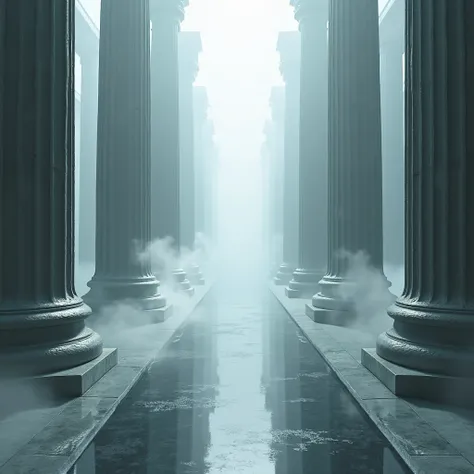 fantasy architecture grey columns on a glossy surface in fog and haze shrouded in a veil of evolving   