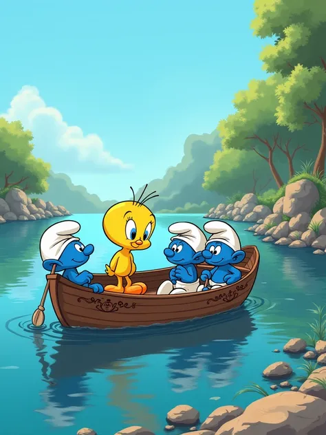 Tweety with Smurfs on the boat in the middle of a lake