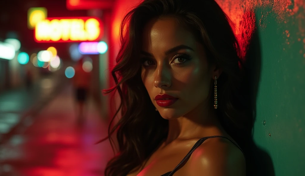 A hyper-realistic and emotionally charged depiction of a stunning Brazilian sex worker, captured at medium distance, her face the focal point of the scene. Her flawless makeup is carefully applied, with bold lipstick and subtle contouring accentuating her ...