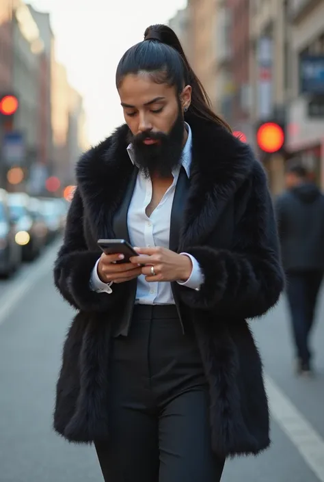 Ultra-Realistic Portrait, young asian bearded woman standing on street with a ponytail, while scrolling phone, wearing suit, fur jacket on top of office shirt and pants, facial hair, mustache, full beard, big boobs under the outfit