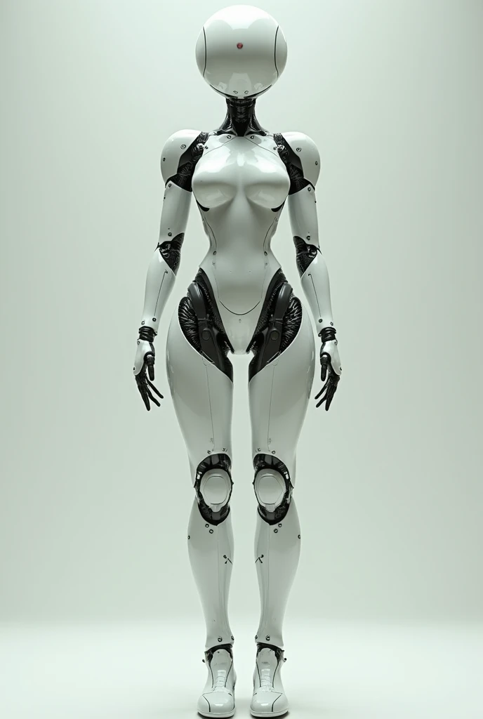 It generates a female robot with a white globe with two dots like eyes without a mouth, a tall robot with large breasts with thin hips and large thighs, large height with large breasts and two large buttocks.