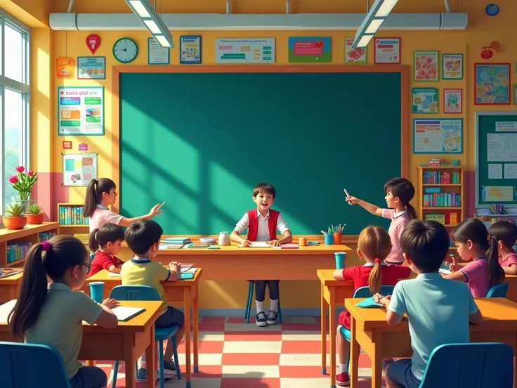 Scene: A colorful, vibrant classroom with an empty blackboard at the center.