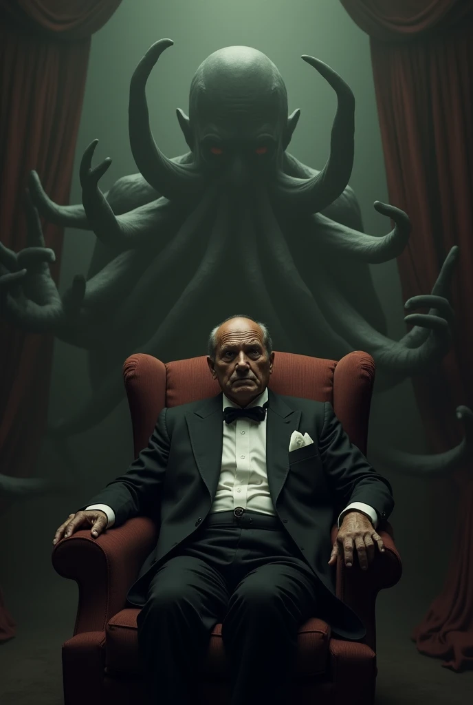 Howard Phillips Lovecraft Dressed in elegant period costume sitting in an armchair staring with a blank expression as the entity Cthulhu appears in the shadows around him with tentacles emerging from the darkness