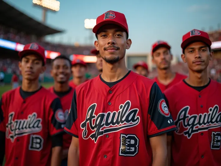 I need an image of a group of young male and female influencers who are fans of the El Aguila de Veracruz baseball team,  that is in the middle of a baseball stadium and with flashes around them and in the middle and on the people who have a big eagle as a...