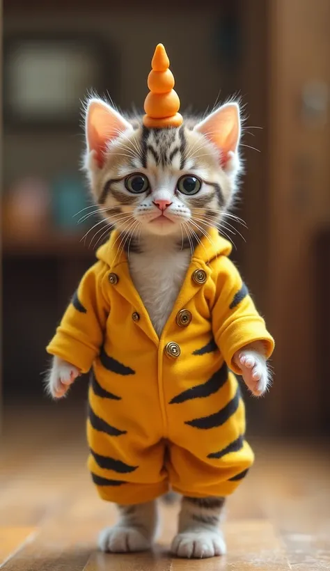 A cute kitten is cosplaying as a bean scattering demon with a cute horn on its head　I'm wearing big, fukabuka pants with a yellow tiger pattern　
 eyes look like kittens with big eyes look like demons、very cute
Figure standing on two legs
The background is ...