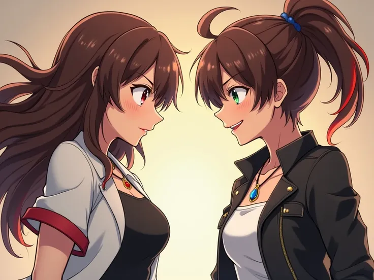 anime angry mother with ruby on forehead brown hair long white coat with short sleeves red trim black tank top red trim underneath long brown hair with red and yellow highlights on the left of her hair fighting angry tomboy daughter brown ponytail hair rig...