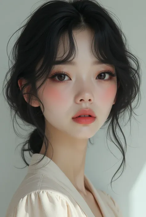 A slightly pale girl, with pink undertones, with black hair and a hime cut, with black eyes and slightly long eyelashes, a small mole under the corner of her lip.