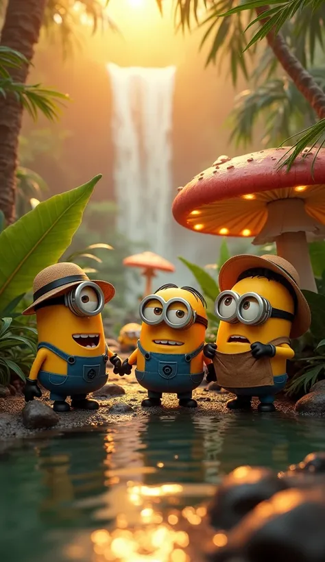 A group of playful Minions in a tropical jungle, surrounded by vibrant plants, giant glowing mushrooms, and sparkling waterfalls. One Minion is dressed as an explorer with a tiny hat and magnifying glass, another Minion is trying to climb a banana tree, wh...