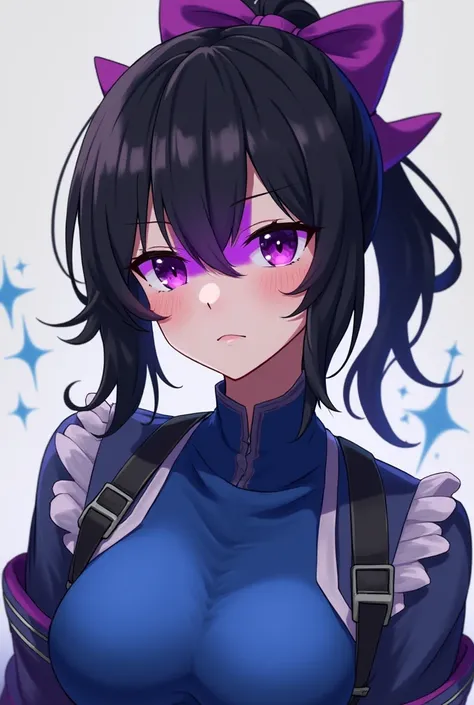  gamer style Free Fire .   of black hair with a ponytail and a purple ribbon tying the hair,  with a purple stripe covering the eyes ,  and blue chest with sleeves and high collar, with some blue sparkles 