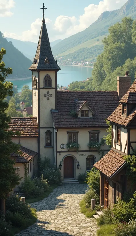 Village with a small corner church looking like one of the houses