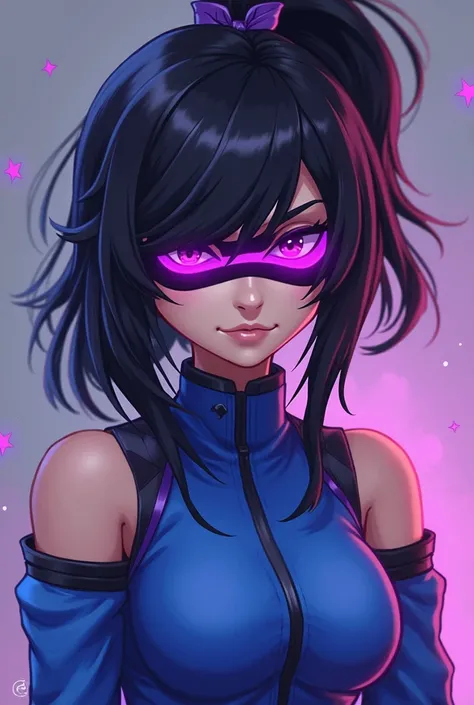  gamer style Free Fire .   of black hair with a ponytail and a purple ribbon tying the hair,  with a purple stripe covering the eyes ,  and blue chest with sleeves and high collar, with some blue sparkles 