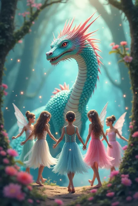 A turquoise and pink dragon and some fairy girls dancing