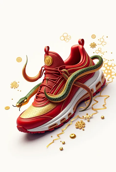 Anime red and gold sneaker, around decorated with a releve snake, with red, green and gold colours, and chinese new year decorations. In white background.