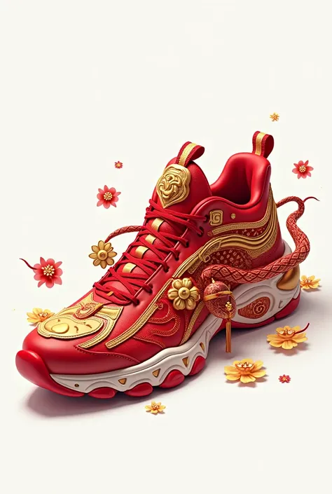 Anime red and gold sneaker decorated with a releve snake, with red, green and gold colours, and chinese new year decorations. In white background.