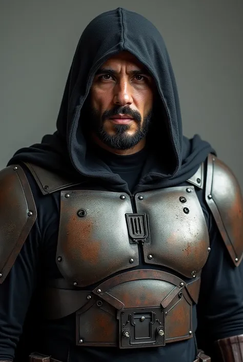  Generate a passport photo of a stocky Spanish-looking man ,  with a chest and shoulder pads similar to the one worn by the Mandalorian commander in Star Wars ,  he doesn't have a helmet ,  he has a hood made with a black cloth similar to those worn by Ame...