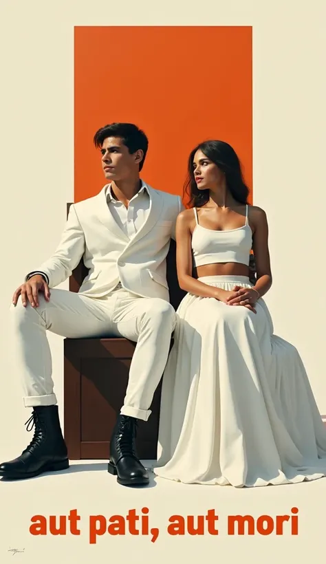 affiche politique, With a young man dressing up as a white costar and white pants and black shoes
 sitting on a big chair, with a woman next to him dressing in a white crop top and a long white skirt sitting on a chair,  legendary image , At the bottom of ...