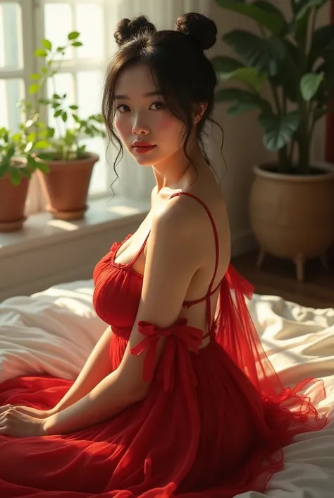 (photorealism:1.2), smile_Asian_girl,thick_curvy,red_chinese_clothes, china_dress, solo, black_hair, double_bun, bracelet, seetrough_dress,covered_breasts,lift_skirt_by_hand,side_slit,large_breast,cleavage,blush on,red lips,eyeliner,mascara,naughty_posing,...