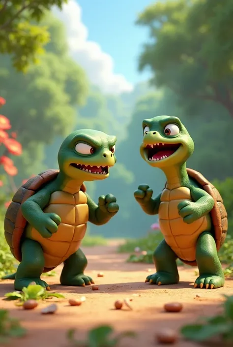 a very angry turtle talking to a free one who is laughing pixar style