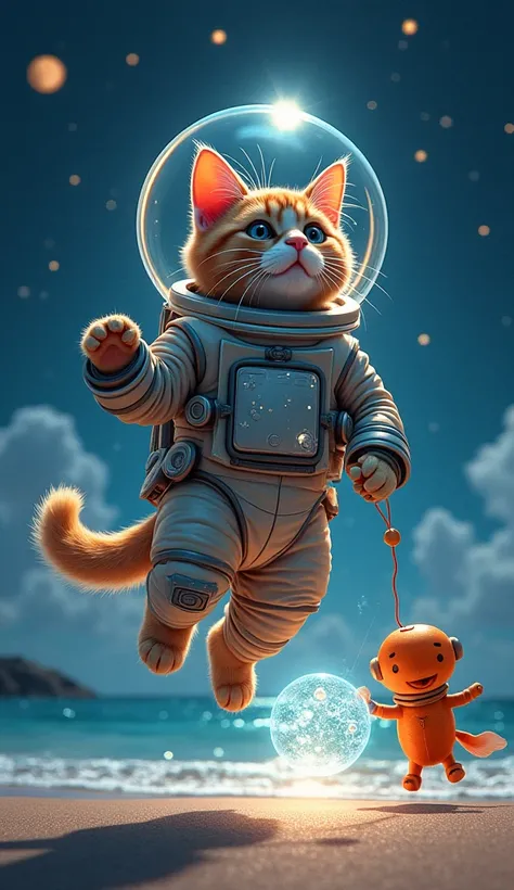  A cat in a shiny space suit and a transparent helmet,  floating amidst a magical glow .  A small robot shaped like a goldfish floats next to them ,  and an ancient star map shines in front of them . bottom: a nighttime beach with the sea shining under the...