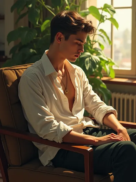 ( photorealism:1.2),  Handsome boy ,  sits on a chair,  wearing a loose shirt, trousers,  haircut,  in the room ,  soft lighting ,  plants in the background ,   window with sunlight ,  a cozy room, relaxed pose,  realistic,   intricate details  , warm colo...