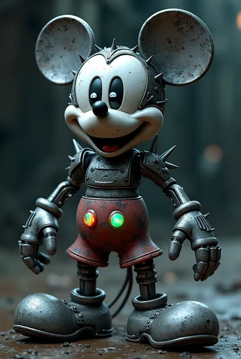 Evil horrible. Spiky texture. Glowing powers robot mickey mouse. Made of stainless steel