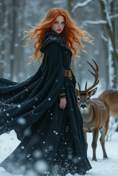  young seductive redblonde female Witch apprentice, winter, flames in brown eyes, black cloak, confident face, dancing with deer 