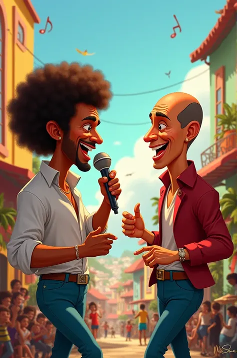 Generate Disney Pixar-style cartoon image of the singer Netinho de Paula and singer Belo